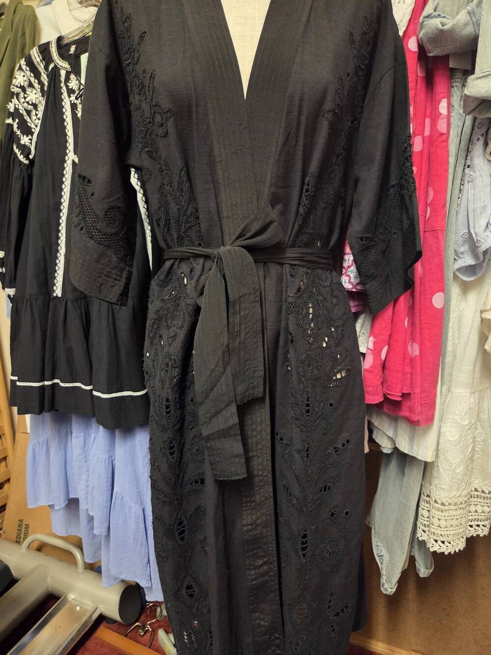 NEW SCARLETT POPPIES women's embroidered linen wrap dress in black onyx